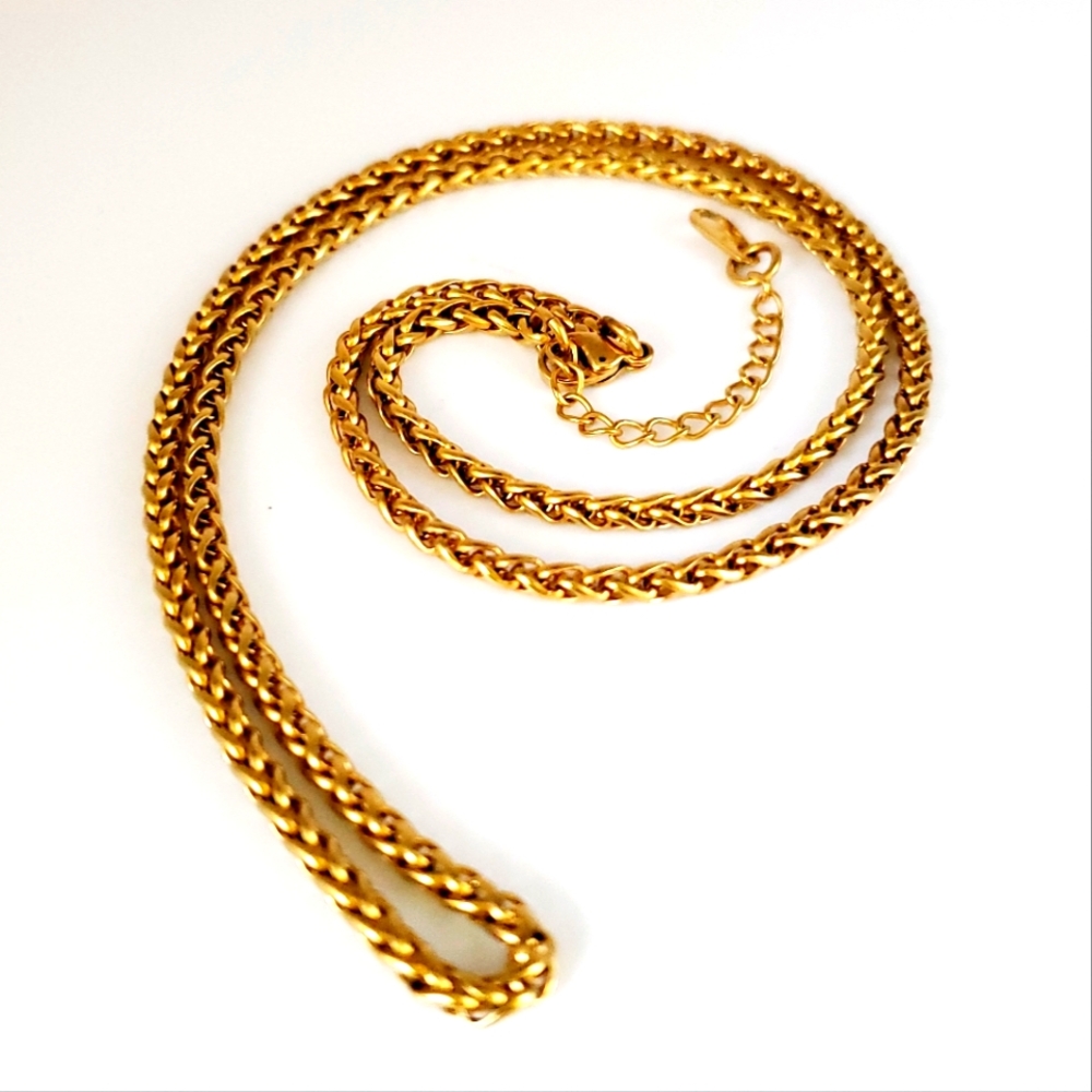 18K Yellow Gold Plated Wheat Chain Necklace Woven Design Unisex 21"--22.5"